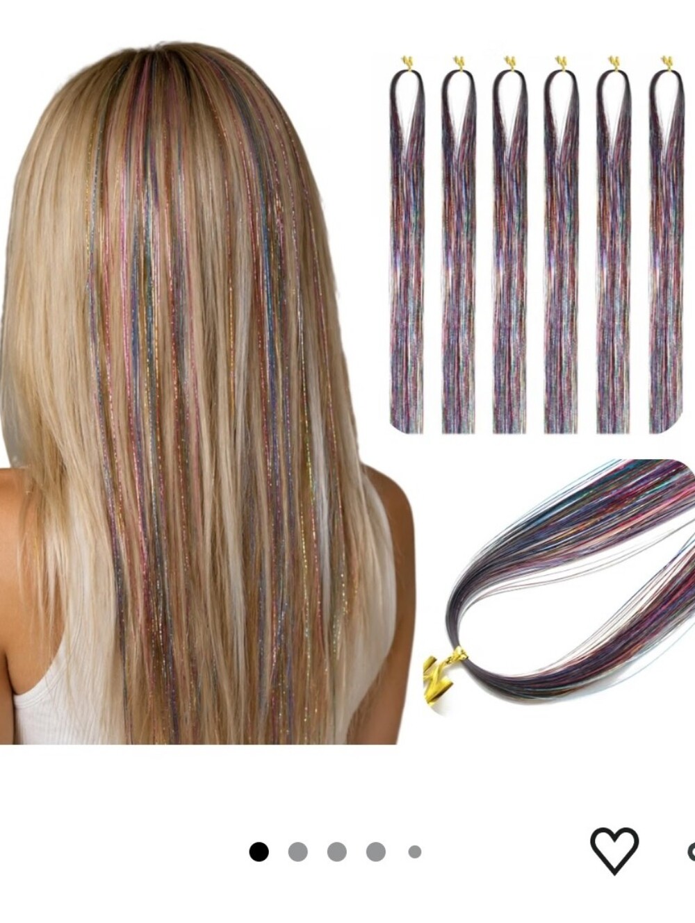 Hair Tinsel Glitter Hair Extensions, 6 Pack, 47 Inch, 900 Strands Iridescent